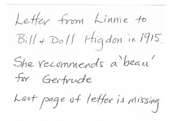 Linnie 1915 letter 1, notes