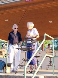 Nan Harrison talks with Hal Higdon before his talk