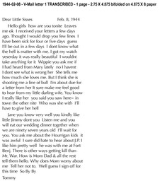 1944-02-08 - V-Mail letter 1 TRANSCRIBED - 1 page - 2.75 X 4.875 bifolded on 4-1