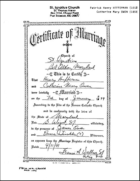 Marrige Certificate Patrick H Hefferan & Katherine M Owen
